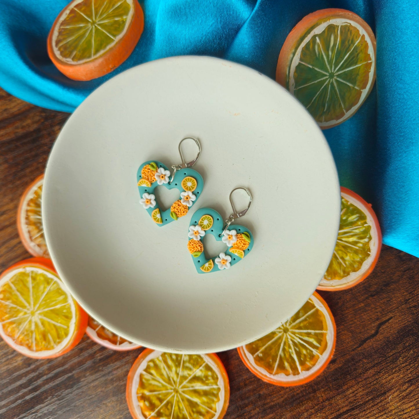 Teal Oranges Heart Dangles