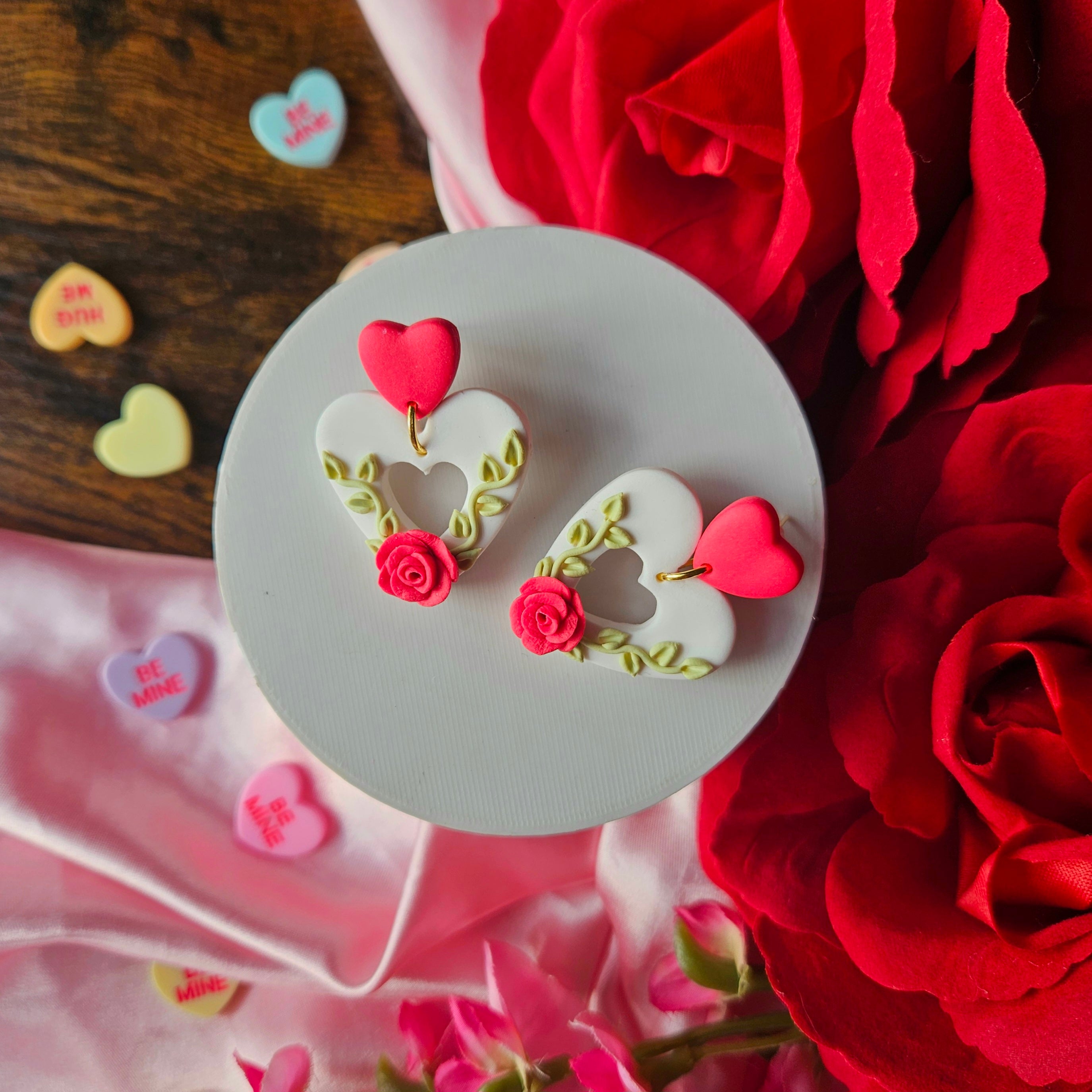 Red Rose & white heart studs