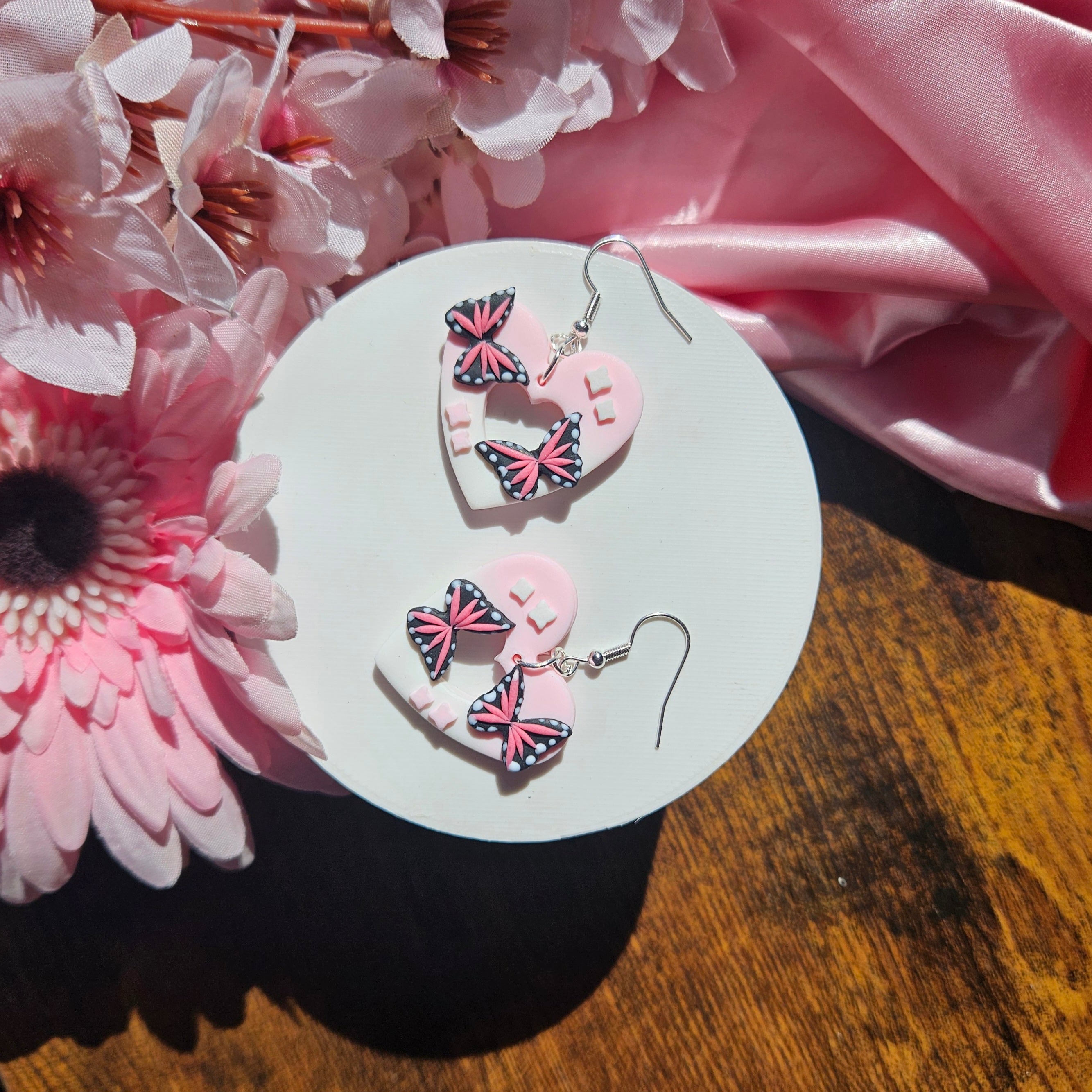 Pink Butterfly Heart Dangles